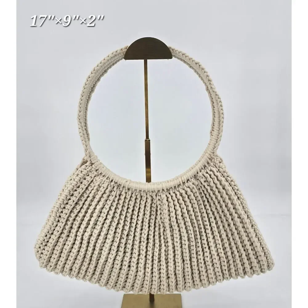 Handmade‎ Boho Neutral Macramé Circle Handle Bag – Warm Oyster Cream